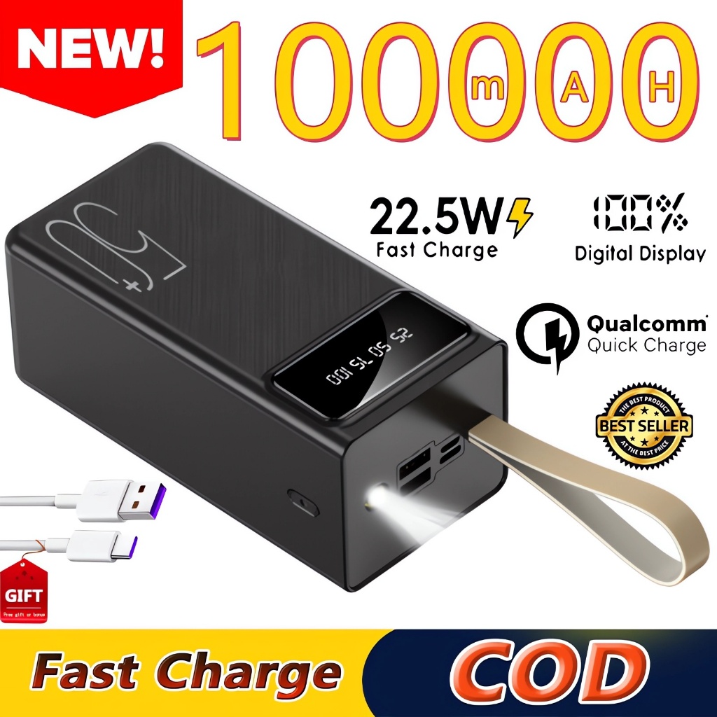 COD 100000mah powerbank original fast charging power bank with LED lights  for iphone/android Buy give gift