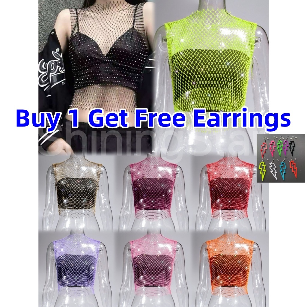 ShiningStars Women Glitter Rhinestones Halter Tank Top Shiny Fishnet ...