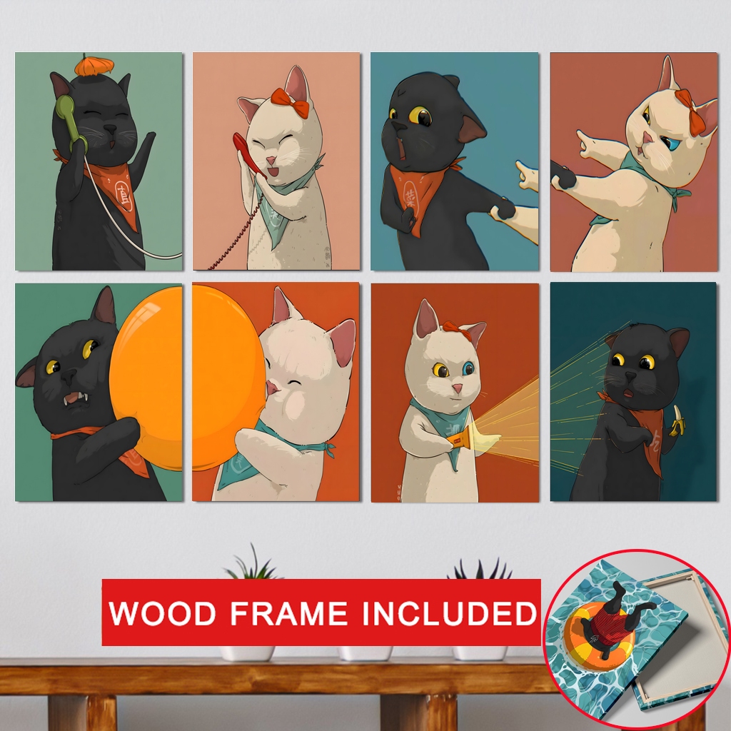 with-frame-couple-gift-cat-canvas-painting-black-cat-white-cat-poster
