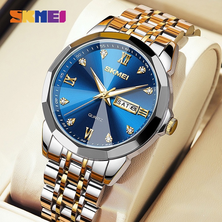 SKMEI Watch for Men Waterproof Original Stainless Steel Quartz Luminous  Calendar Silver Blue Wristwatch Diamond 7070