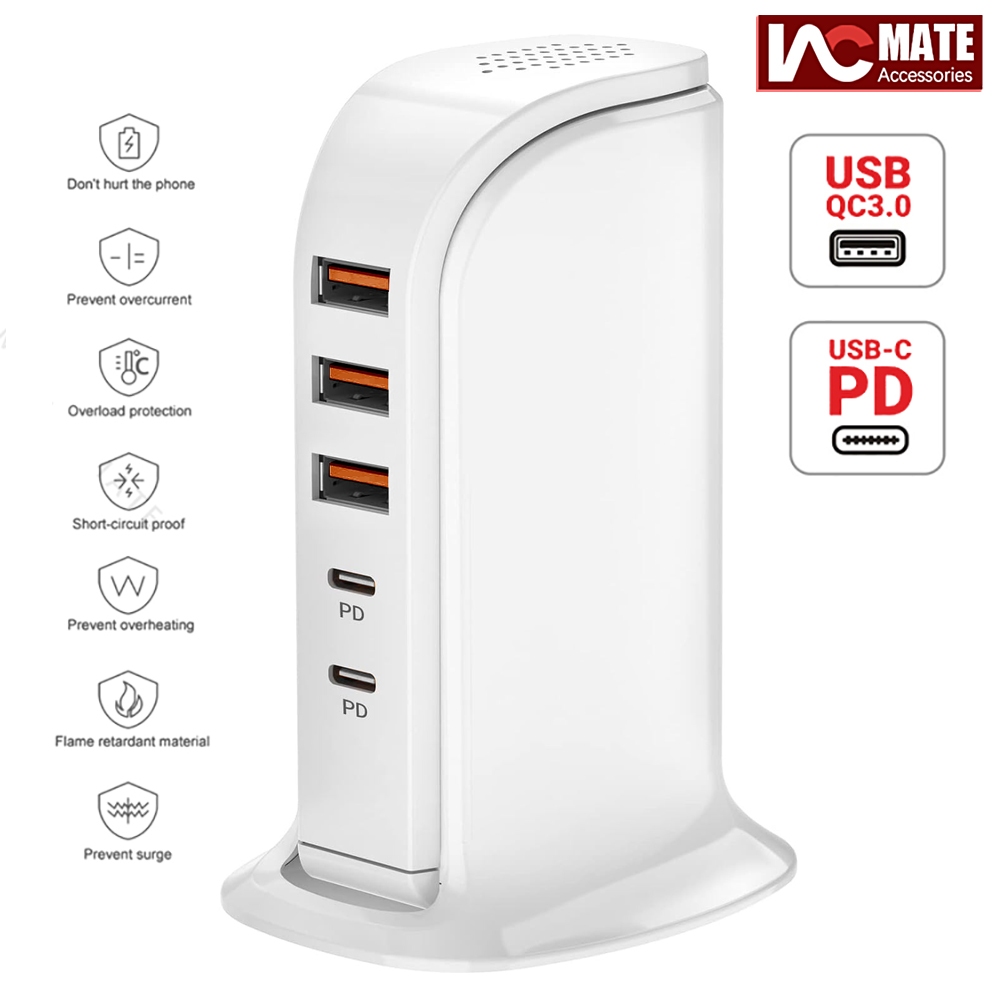 Wall Charger 5 Usb Ports( 20w Quick Charge Qc3.0 Type C Pd), Usb 