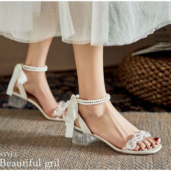 Fairy Niche French Mid Heel Pearl Lace Up Sandals Women Thick Heel Transparent One Word Strap Crystal High Heels Shopee Philippines