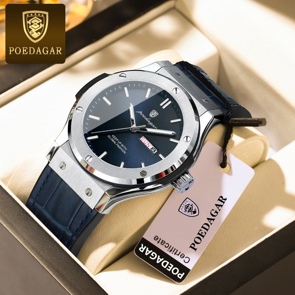 POEDAGAR Leather Watch For Men Waterproof Original Calendar Luxury Mens  Watches With Box Relo