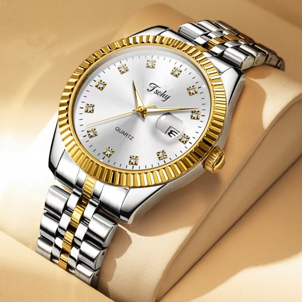 [Gift][With Box]Original Brand Men/Women Luxury Waterproof Stainless Steel  Date Luminous Gold Fashion Watch Simple Korean Version Automatic Quartz