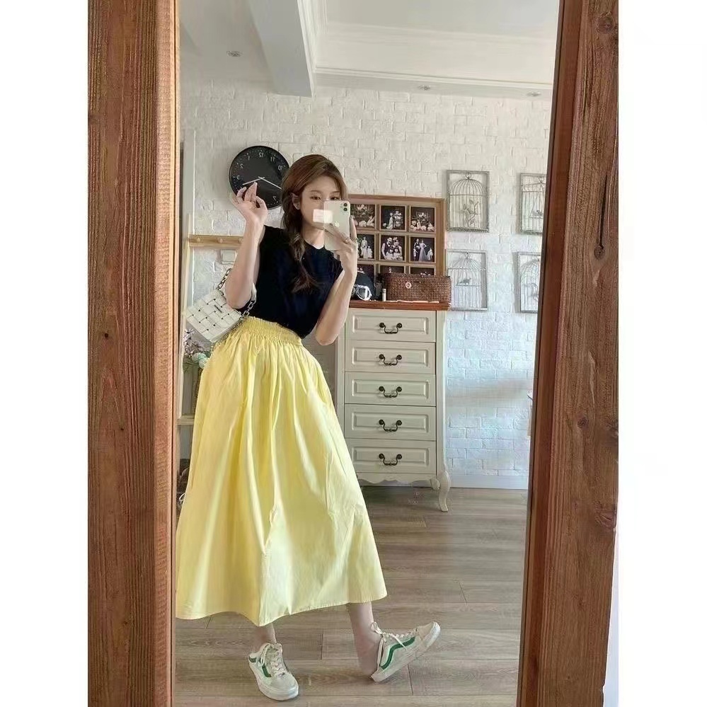 Skirt Women Yellow A-line New Elastic Waist Port Middle Length Solid Color