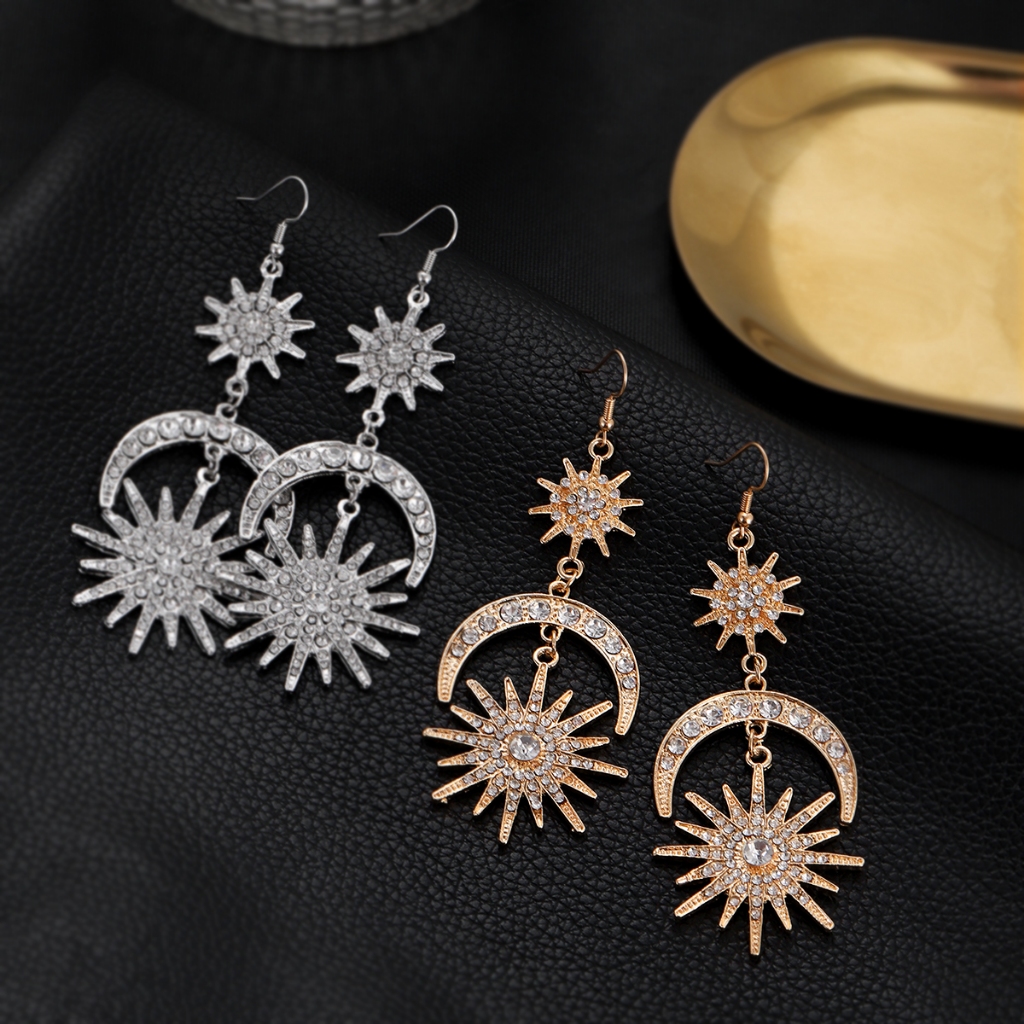 Sun And Moon Punk Earrings - Exaggerated Boho Vintage Design With Rhinestone Details For Women