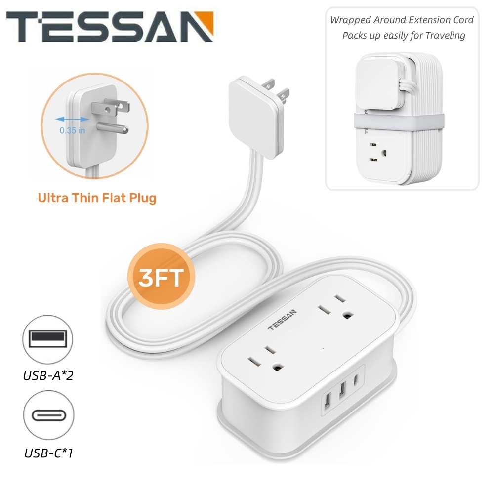 TESSAN Travel Power Strip with USB C Ports, Flat Plug Small Extension Cord，Cruise Ship