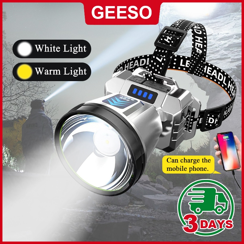 GEESO Portable Flashlight 4 Mode Rechargeable Headlight 2400mAh Outdoor ...