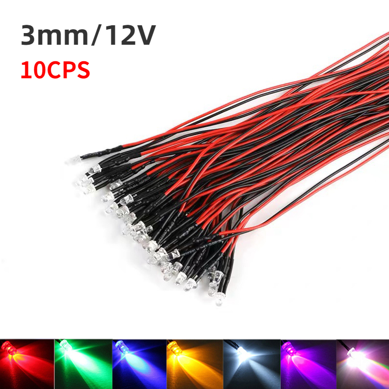 10PCS 3MM LED 12V Pre-wired With Fixed Bracket Cable Bulb LED Light ...