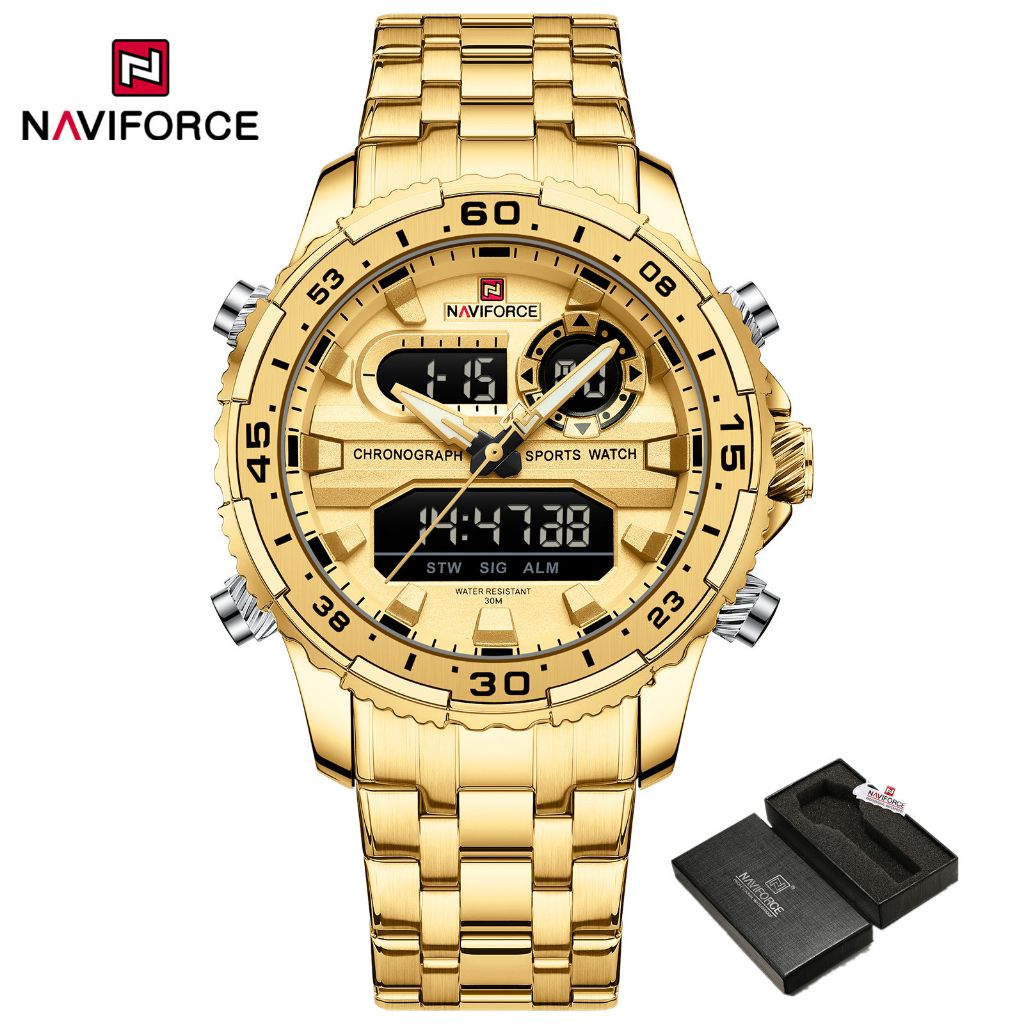 NAVIFORCE Men's Watch Sport Luxury Military LCD Dual Display Luminous  Chronograph Original Watch Stainless Steel Quartz Men's Clock 9234