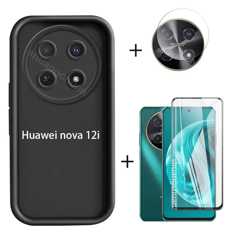 For Huawei Nova 12i phone case 3in1 nova 12i tempered glass Full screen  cover tempered glass film+Camera lens Film Anti-Drop Soft Matte Phone Case