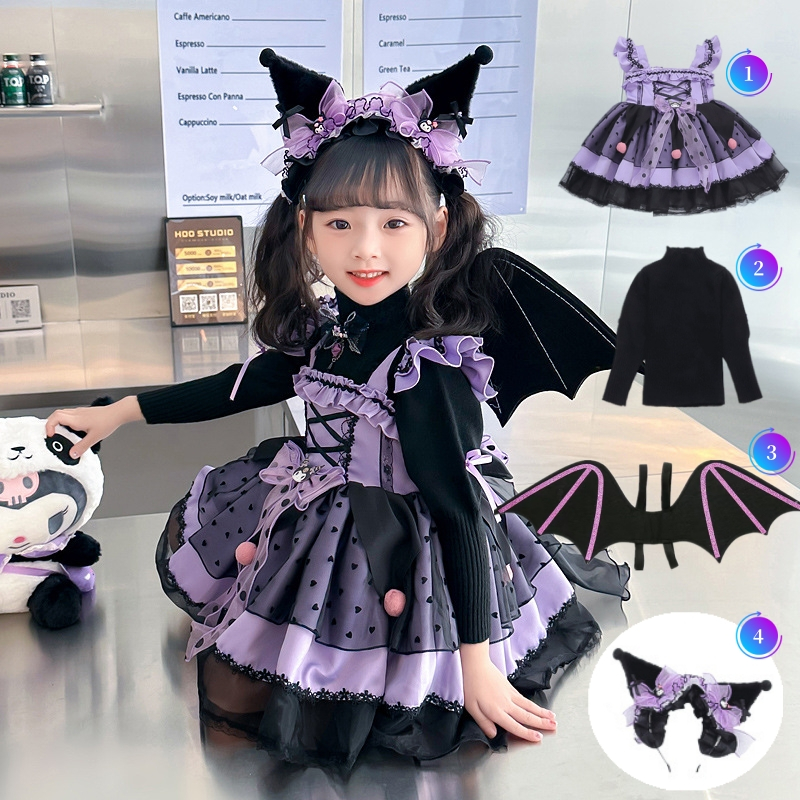 Girls Kuromi Lolita Fluffy Princess Dress Halloween Little Devil Black Rabbit Costumes Toddler Baby Girl Kawaii Cute Cartoon Theme Birthday Party Tutu