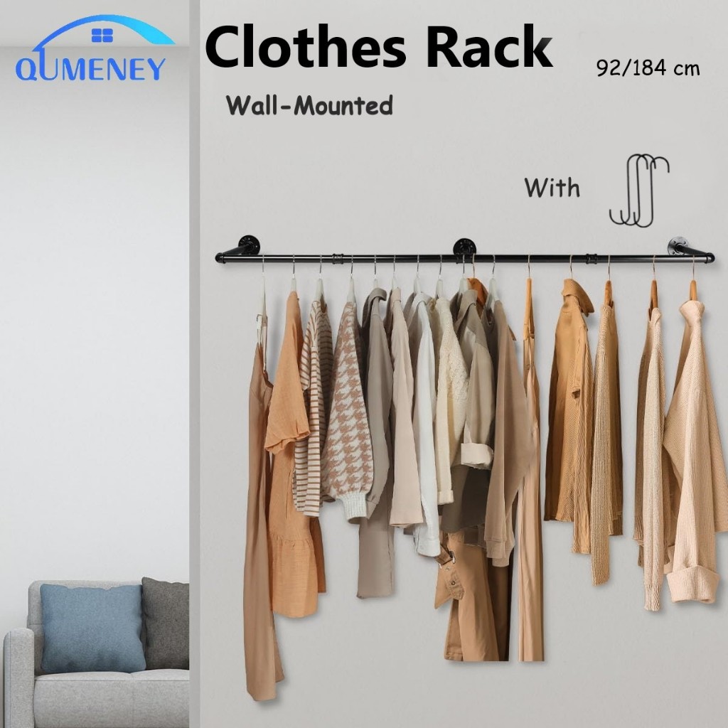 Metal Clothes Rack Wall-Mounted Space Saver Hanging Clothes Rod