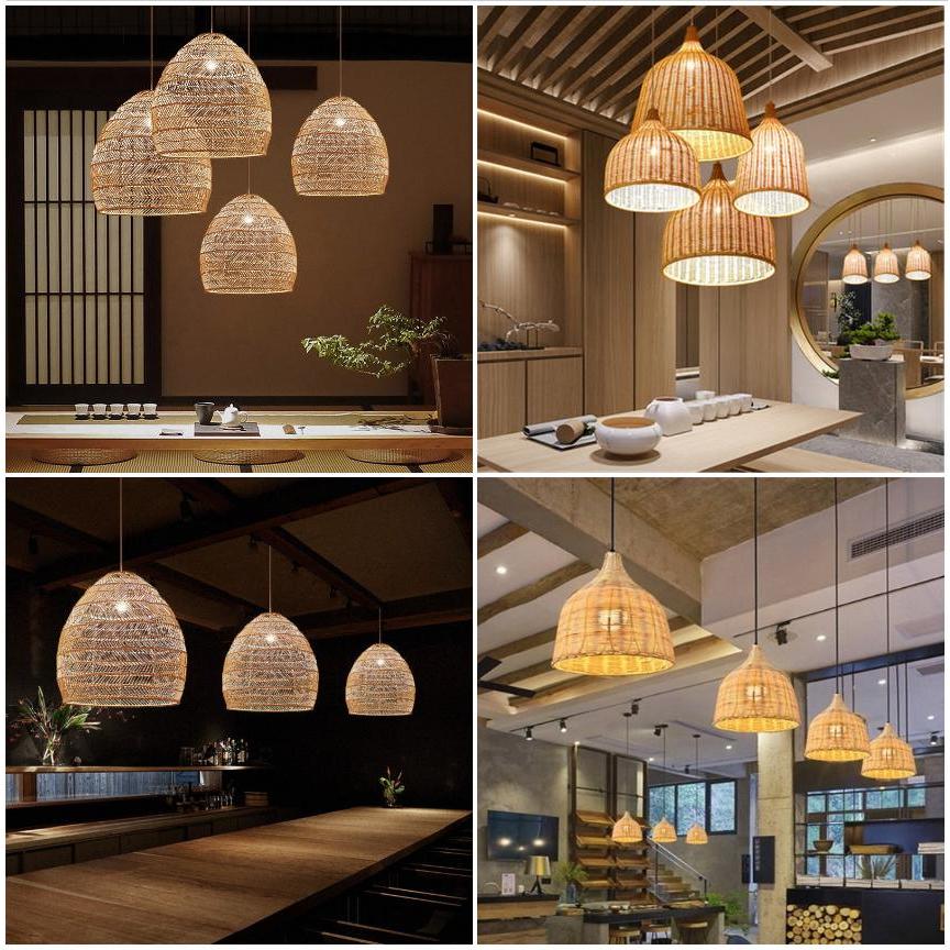 Rattan Pendant Lamp Bamboo Woven Chandelier Vintage Drop Ceiling Light ...