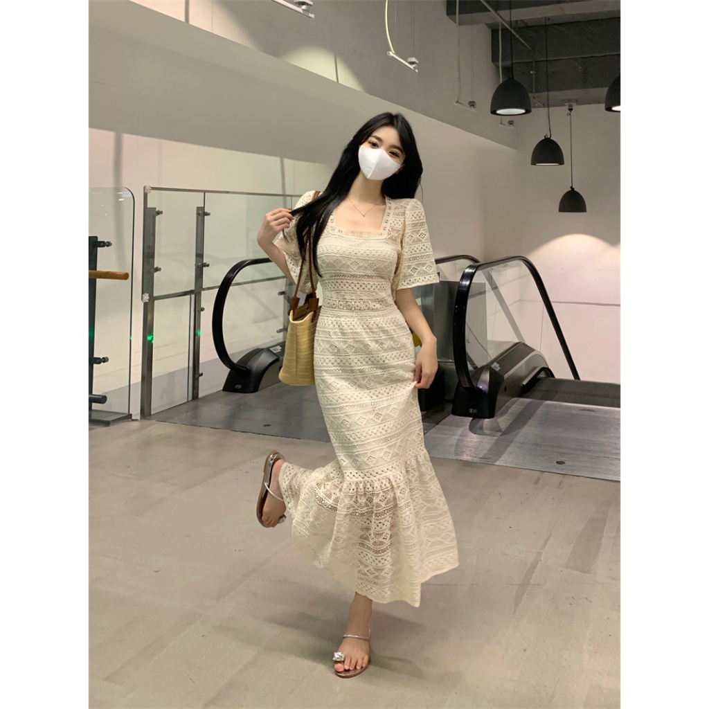 summer dress new Korean style long skirt square collar slim tie wrap ...