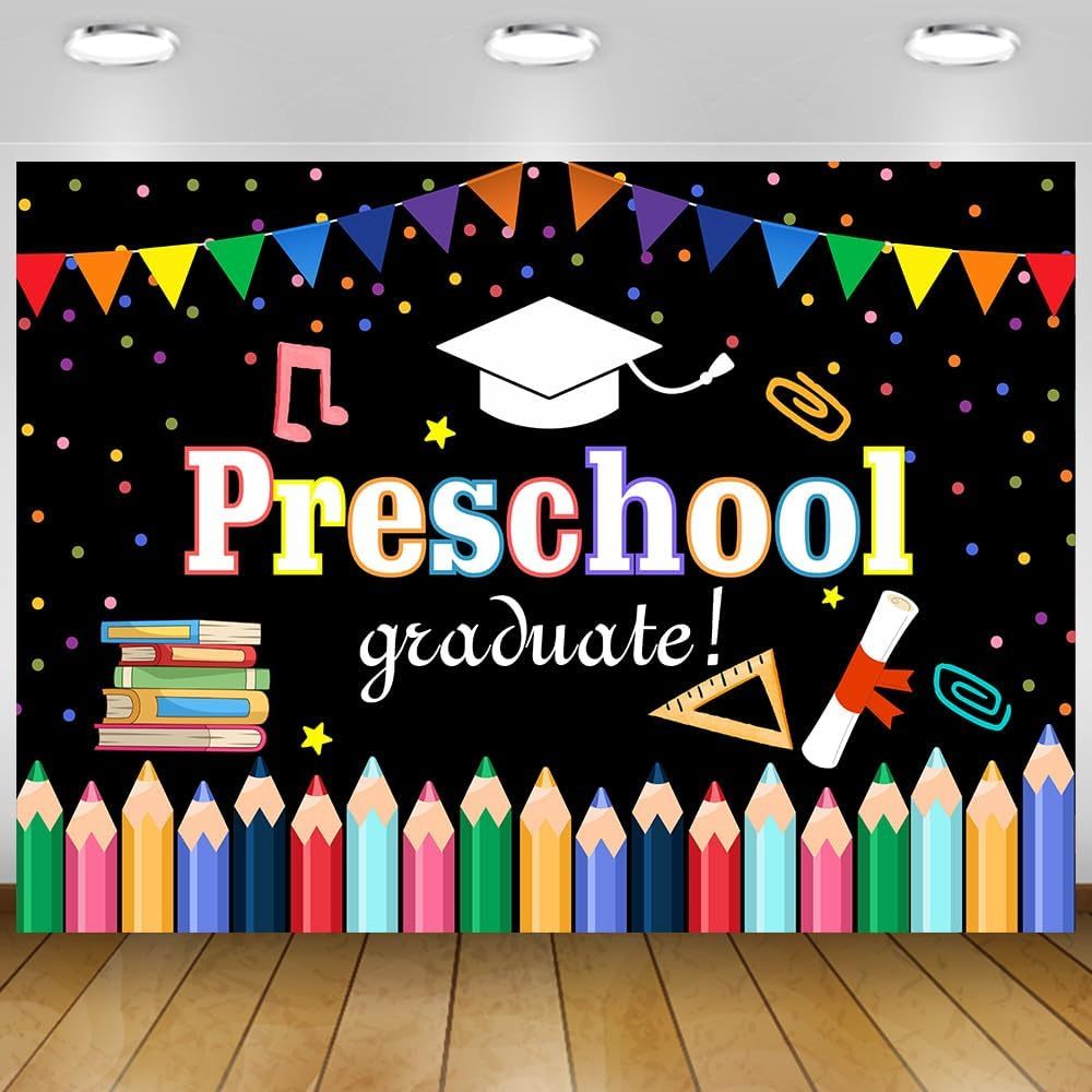 Preschool Graduation Backdrop Colorful Flags Pencils Graduate Backdrop ...