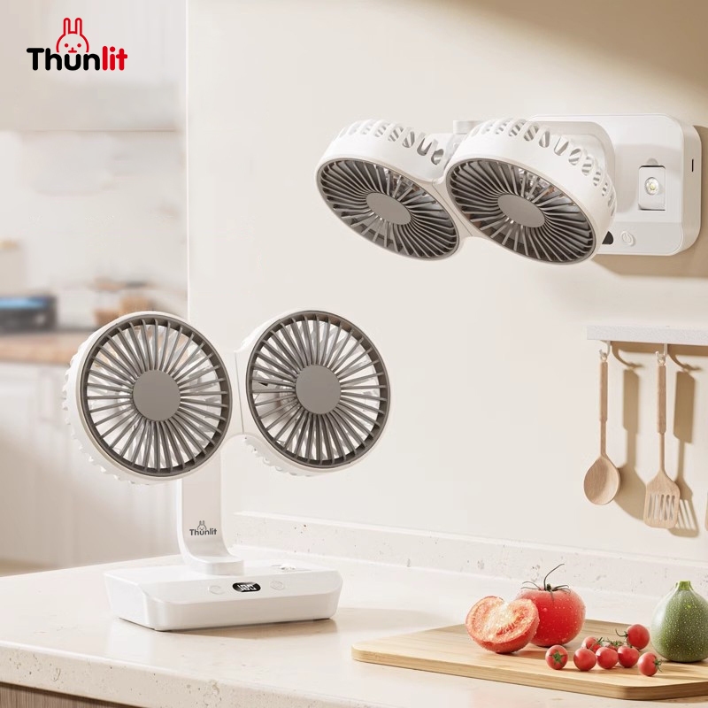 Thunlit Dual Head Fan 4000mAh Desktop Oscillating Fan Double Head USB  Rechargeable Small Fan