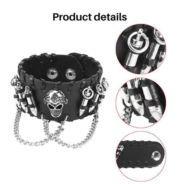 Bestyle Men's Bracelet Gothic Punk Skull Cross Tag Stainless Steel Cuff Bangle Black Leather Wristband For Boys Father S Day Gift