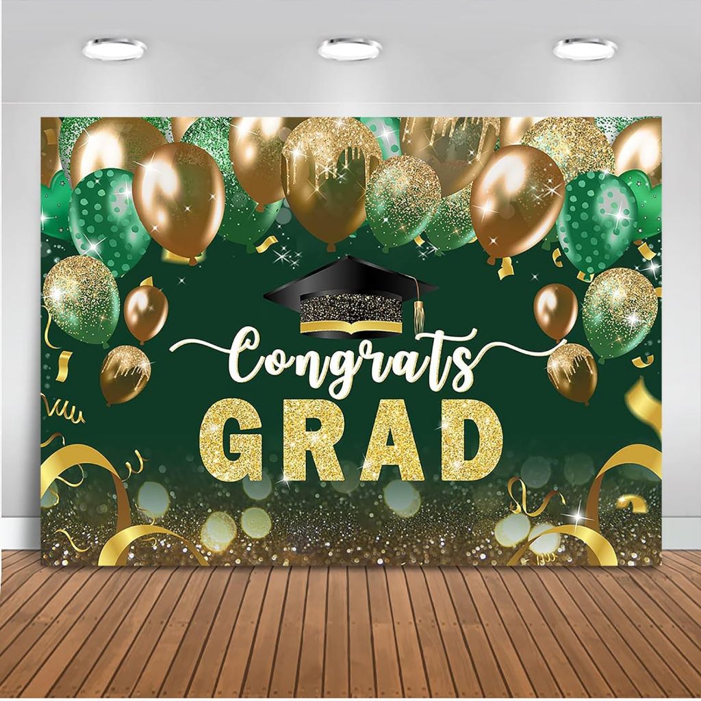 5x3ft Congrats Grad Photography Backdrop Green Gold Congrats 2024 ...