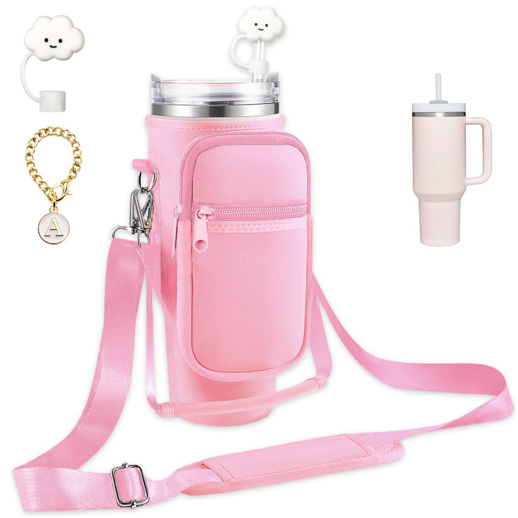 LOKASS Initial Water Bottle Holder With Strap For Stanley 40oz Tumbler Accessories A Z Personalized Water Bottle Carrier Bag With Phone Pocket For Stanley Cup Pouch(color:black - View #8