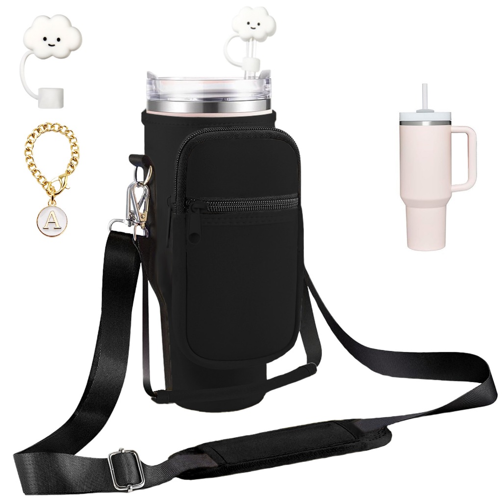LOKASS Initial Water Bottle Holder With Strap For Stanley 40oz Tumbler Accessories A Z Personalized Water Bottle Carrier Bag With Phone Pocket For Stanley Cup Pouch(color:black - View #4