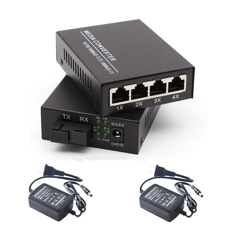1pair 4port RJ45 Fiber Media Converter Ethernet Gigabit singlemode ...