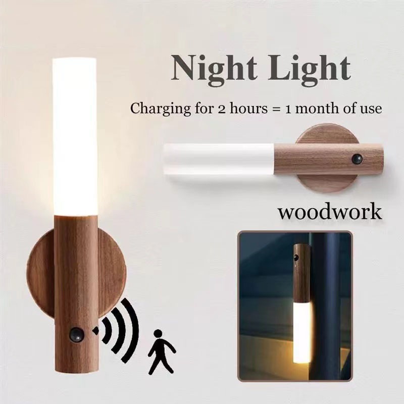 Smart Motion Sensor Wood Grain Night Light Portable USB Rechargeable ...