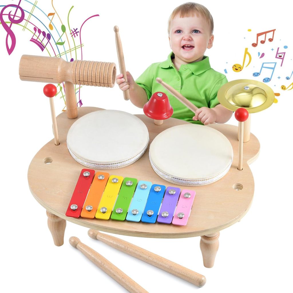 Wooden Xylophone Drum Set For Toddlers,Montessori Baby Musical Instruments  Toys, Drum Set Percussion Instruments Musical Toys