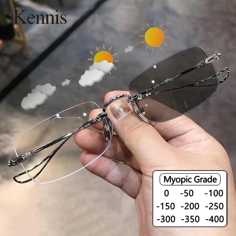 Rimless Eyeglasses With Graded Lens Myopia Photochromic For Women Men Transition Frameless