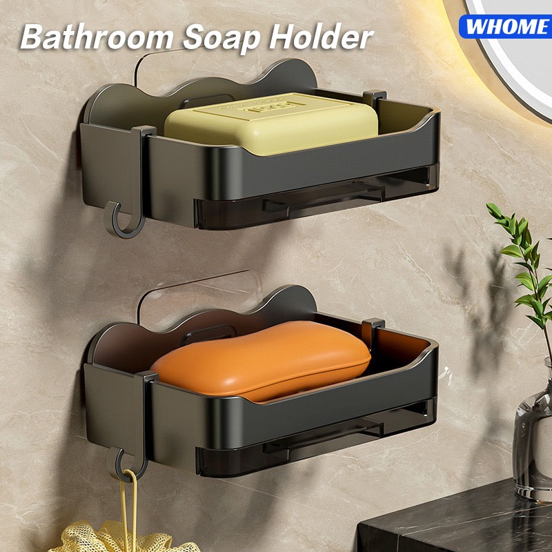 WHOME 2 Layers Bathroom Organizer Soap Holder with Drainer Drilling-Free Wall Mounted Soap ...