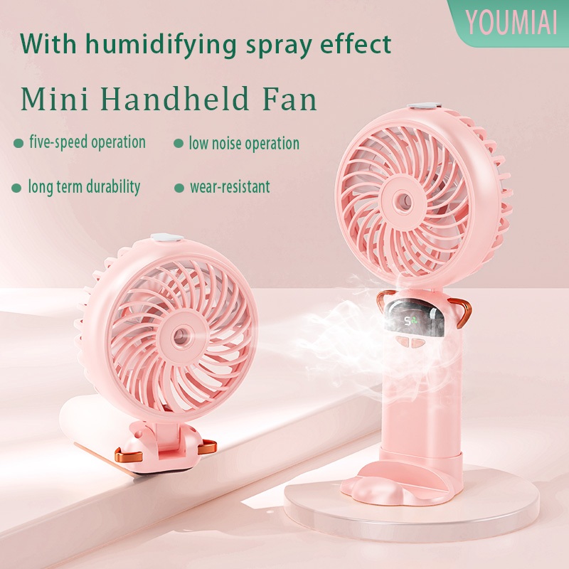 YOUMIAI Mini Fan with Mist Portable Rechargeable Fan with Humidifier Spray  Digital-display 5-speed-winds Handheld Fan