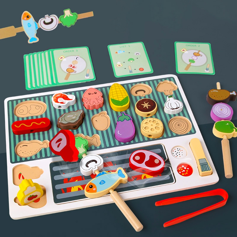 Wooden Toddler BBQ Toy Set Simulates Cooking, Grilling, Food Shape Matching  Game,DIY Barbecue Materials Toy for Boys Girls