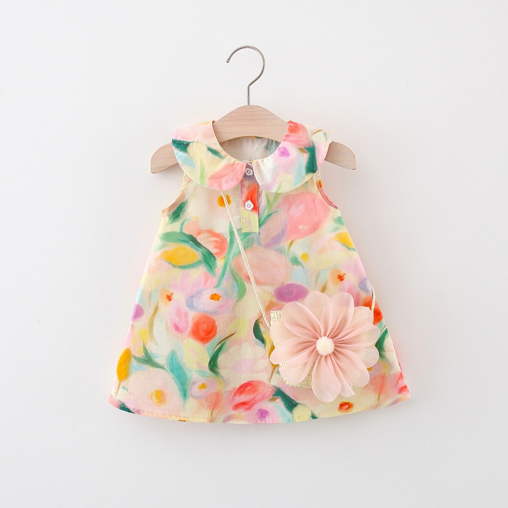 2Pcs Summer Baby Girl Dress Sweet Big Flower Doll Neck Sleeveless