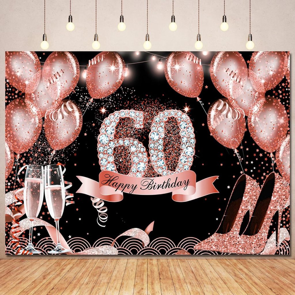 60th Birthday Backdrop Banner Decorations for Women,Rose Gold Happy ...