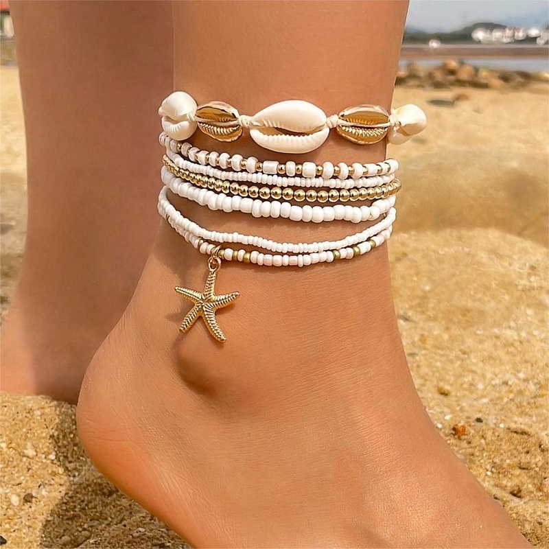 Aularso 2PCS Boho Beaded Foot Chain Layered Barefoot Sandals Summer Beach Ankle Chain For Women(Gold