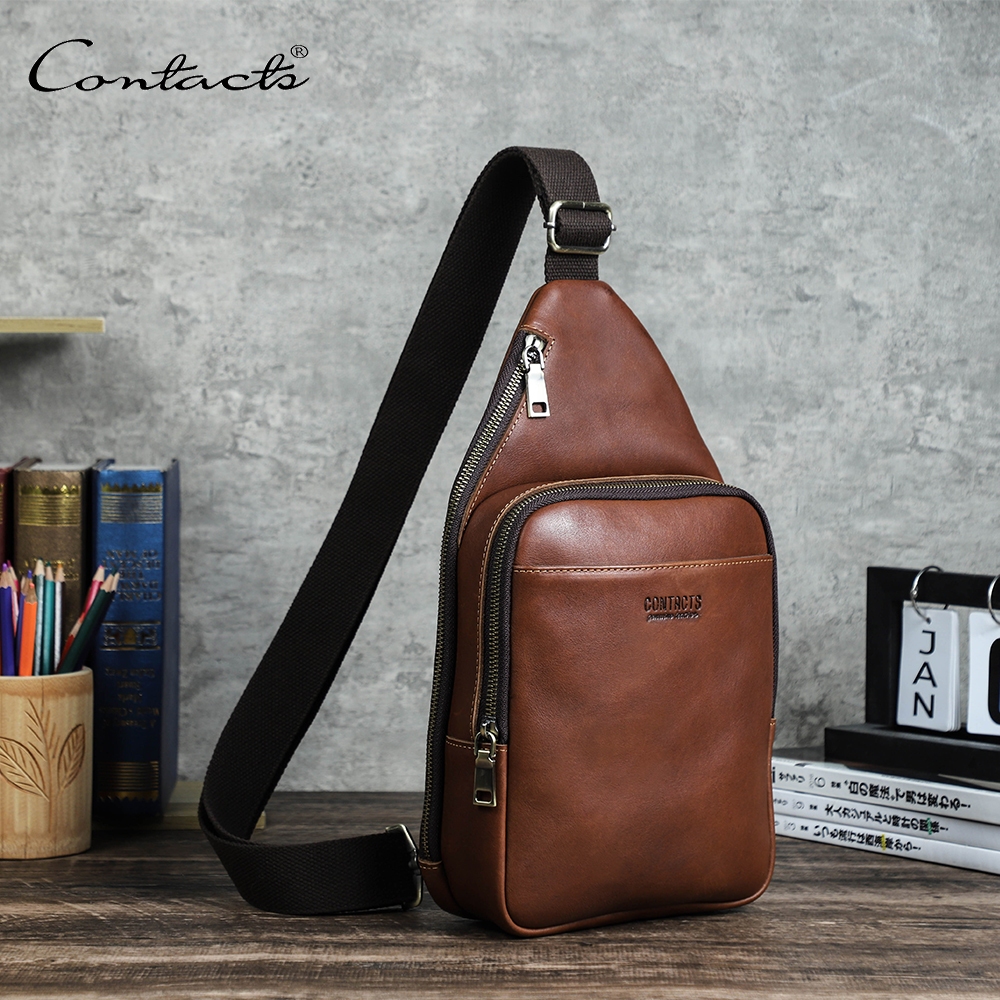 CONTACT'S Genuine Leather Crossbody Bag Mini Shoulder Bag Causal Vintage  Chest bag For Tablet
