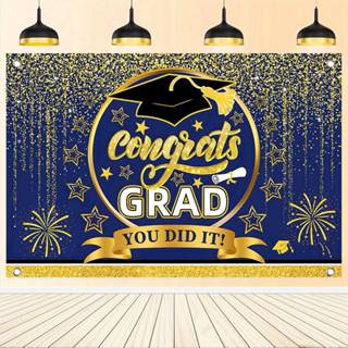 100*150cm Blue Gold Graduation Backdrop Congratulations Banner Black ...