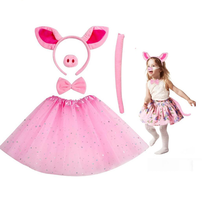 5pcs Pig Costume Set Pink Pig Ears Nose Tail Dress Cosplay Costume 