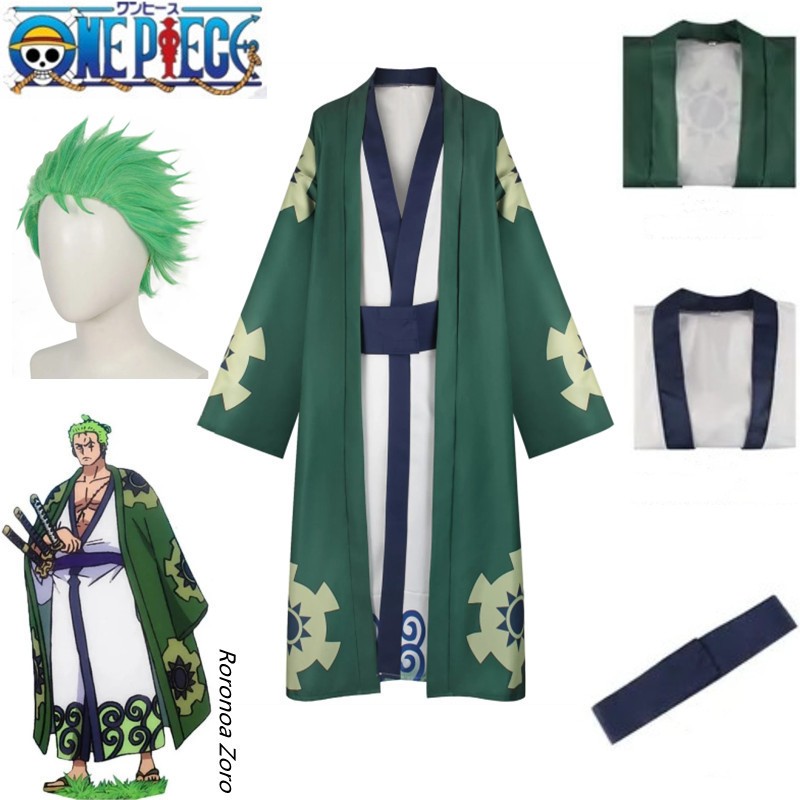 Anime One Piece Wano Country Roronoa Zoro Cosplay Costume Green Kimono ...