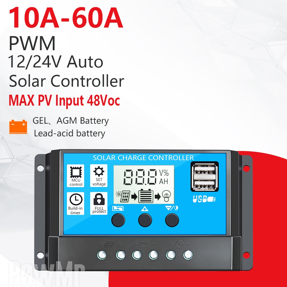 10A 20A 30A PWM Solar Charge Controller 12v 24v Auto with Dual USB Port ...