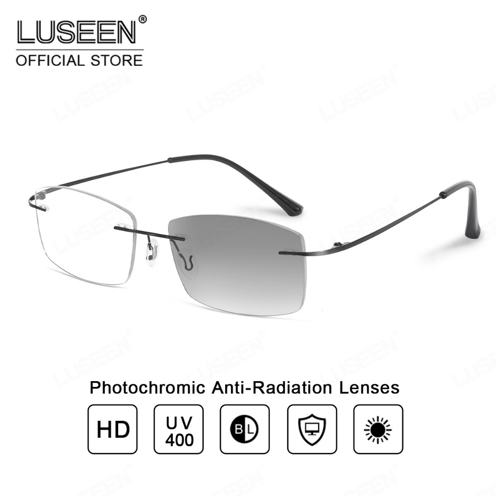 LUSEEN Photochromic Anti Radiation Glasses for Women Men Rimless Eyeglasses Retro Square Glass Oval Face Sunglasses AG2239