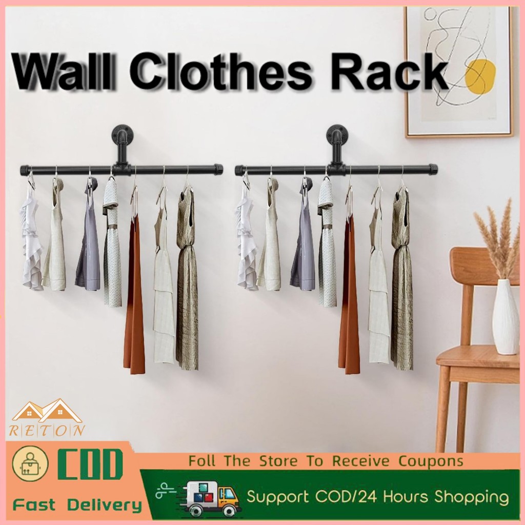 Metal Clothes Rack Wall-mounted Hanger Clothes Rack Industrial Pipe ...