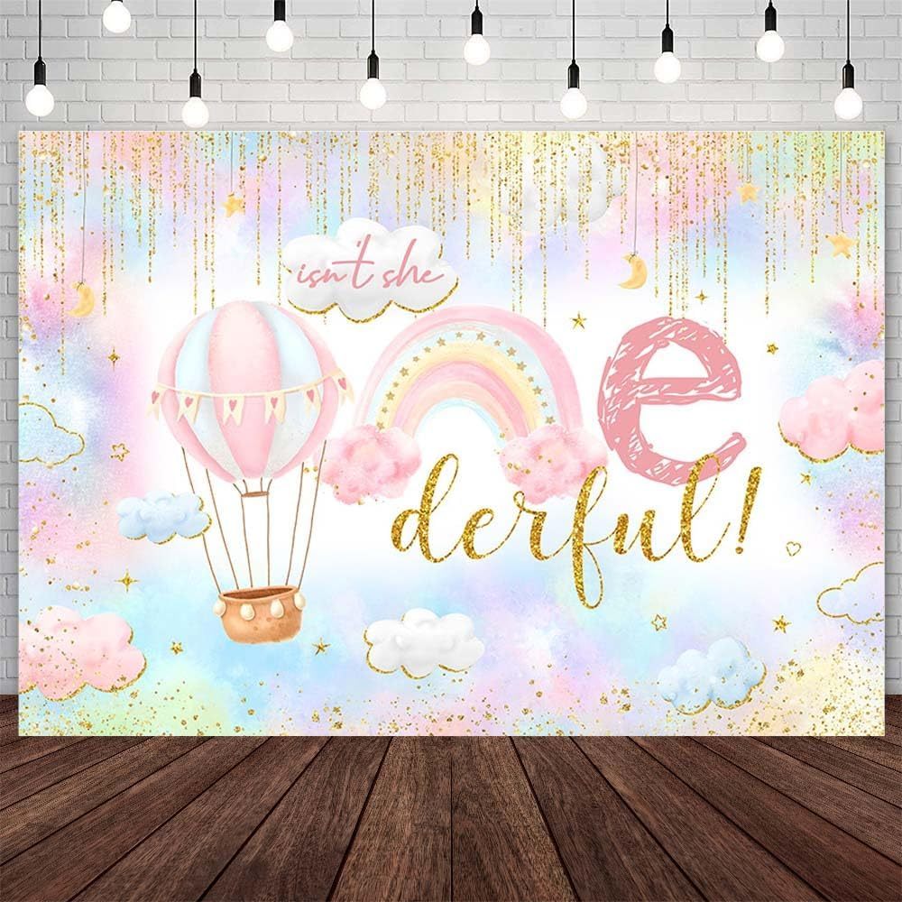 Round She Turns 1 Pink Cloud Happy Birthday Backdrop main image 1
