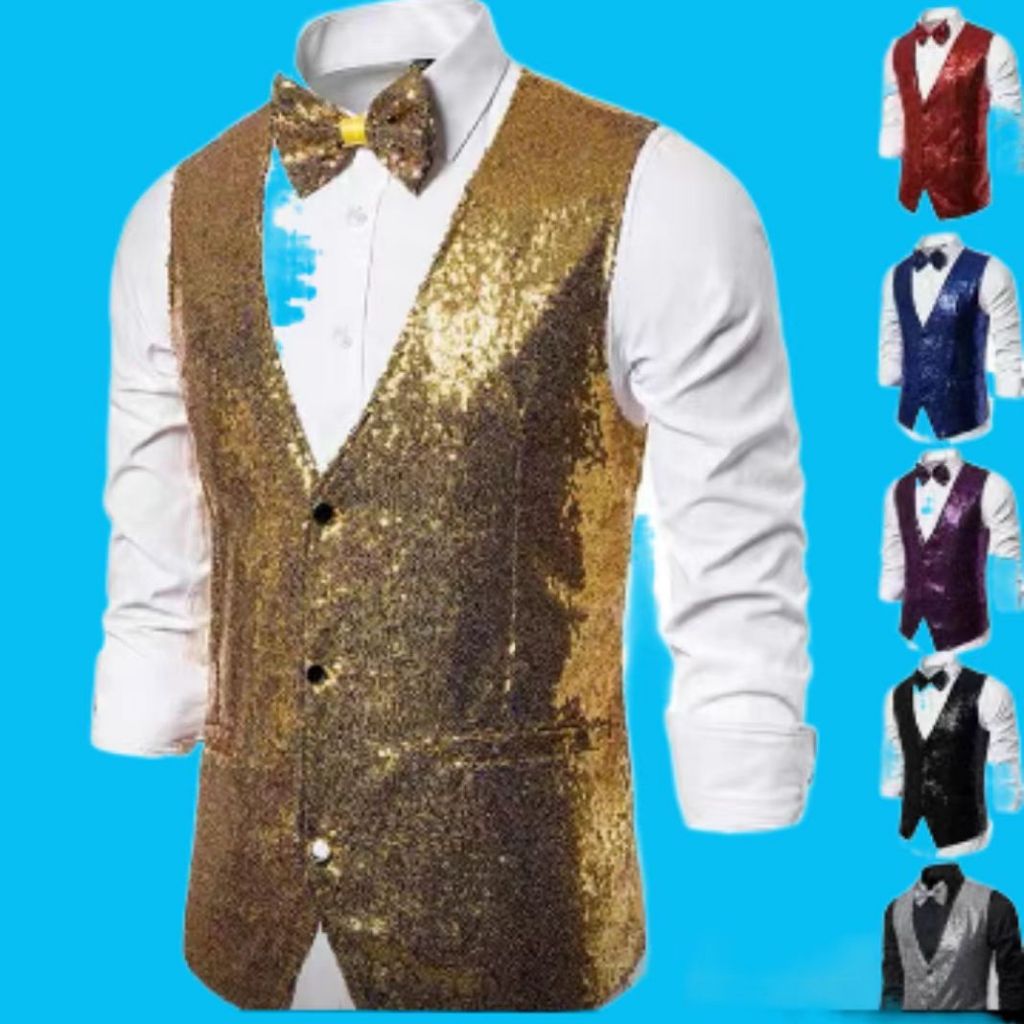 Men Paillette Waistcoat Sequins Vest Wedding Groom Gilet Bar Singers ...