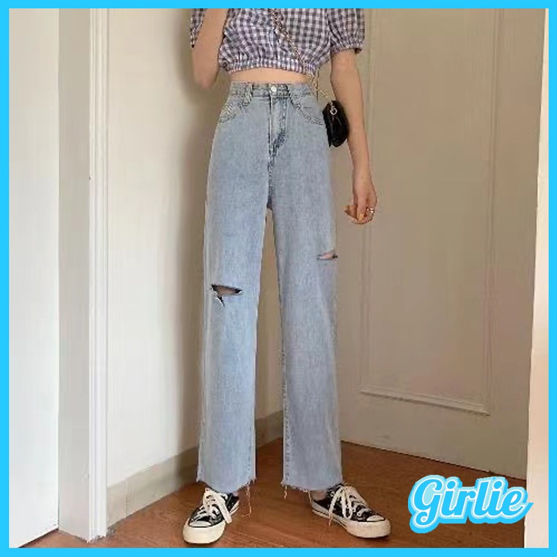 2024 Korean Ripped Jeans Straight Wide Leg Pants Jeans High Waist Jeans ...