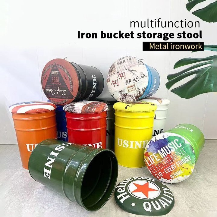 Thickened Iron Barrel Round Storage Stool Retro Industrial Style ...