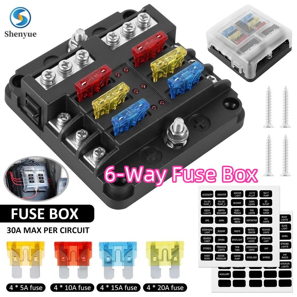 6-Way Fuse Box DC 32V Circuit Blades Block Waterproof Holder with 20 ...