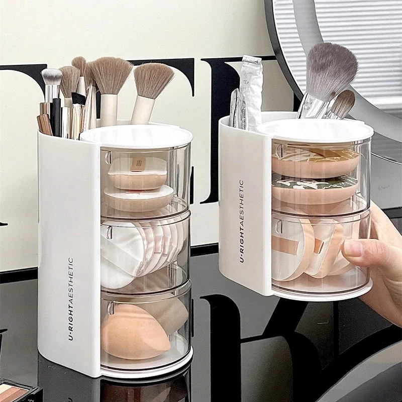 Rotating Cosmetics Storage Box 2in1 Powder Puff Makeup Brush Storage