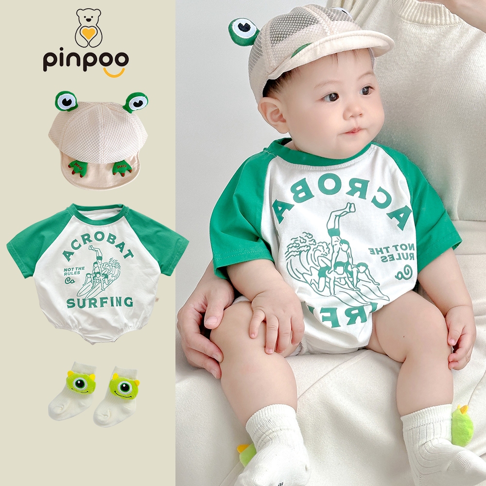 Summer Newborn Boys And Girls Green Short Sleeved Jumpsuit surfing English  letters baby clothing
