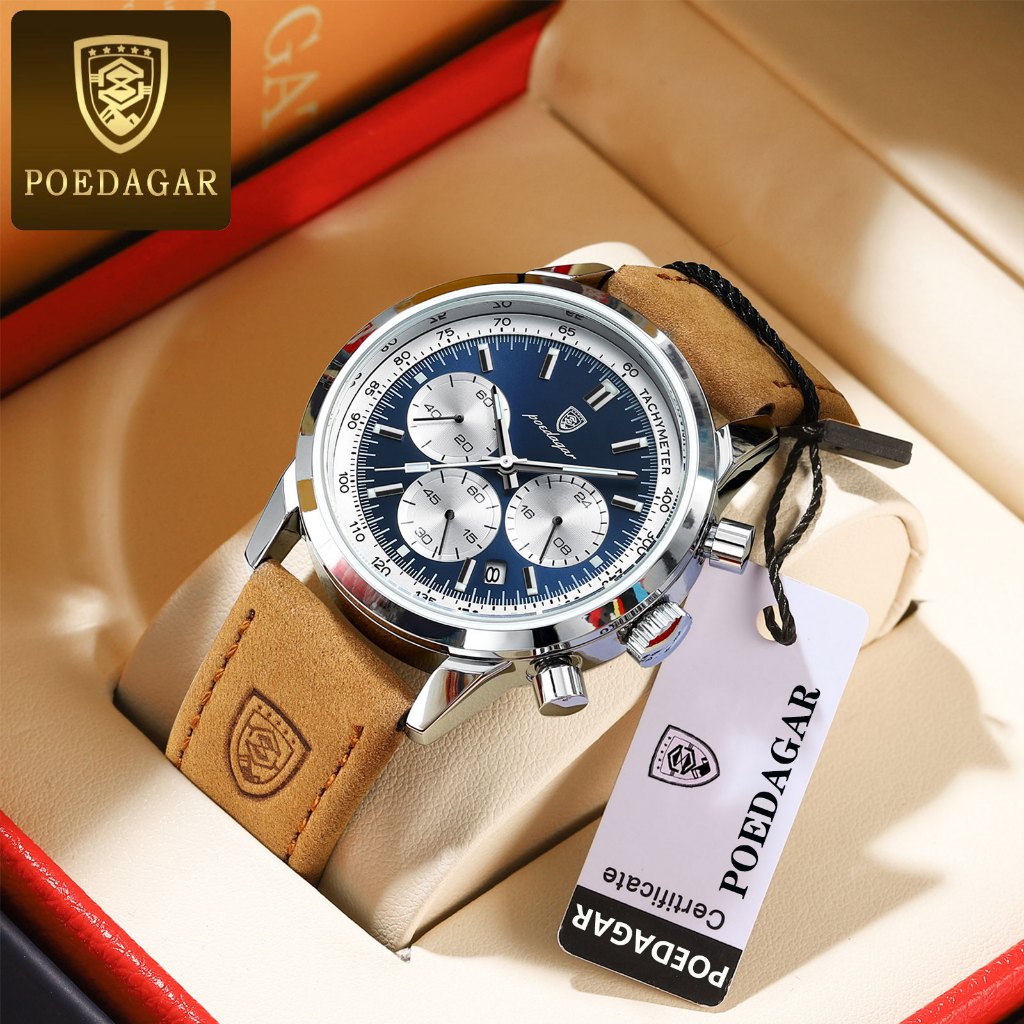 POEDAGAR Leather Watch For Men Waterproof Original Multifunction ...